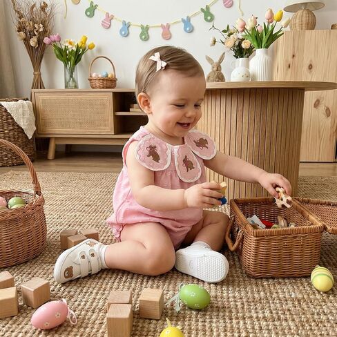 Newborn Baby Girl Easter Outfit Bunny Bow Embroidery Collar Sleeveless Bubble Romper Bodysuit Jumpsuit Clothes in Saudi Arabia