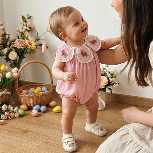 Newborn Baby Girl Easter Outfit Bunny Bow Embroidery Collar Sleeveless Bubble Romper Bodysuit Jumpsuit Clothes in Saudi Arabia
