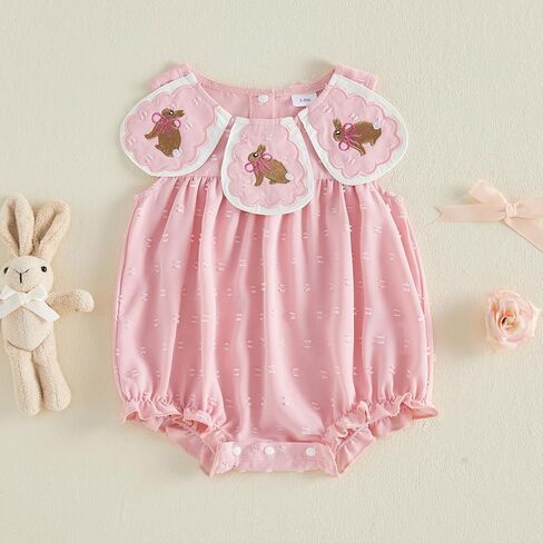Newborn Baby Girl Easter Outfit Bunny Bow Embroidery Collar Sleeveless Bubble Romper Bodysuit Jumpsuit Clothes in Saudi Arabia
