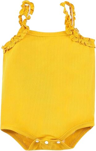 MOSSRIVER Baby Girl Clothes Spaghetti Strap Ruffle Trim Sleeveless Ribbed Tank Summer Cami Bodysuit Snap Crotch Romper in Kuwait