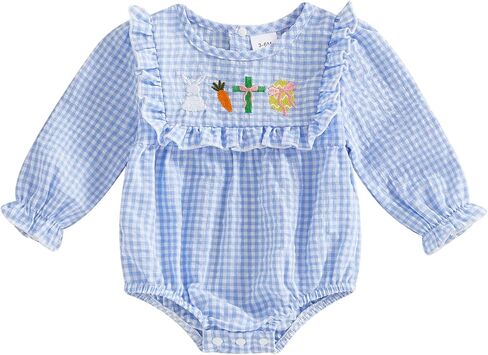 Newborn Baby Girl Easter Smocked Romper Long Sleeve Seersucker Gingham Bodysuit Rabbit Jumpsuit One Piece Outfit in Kuwait