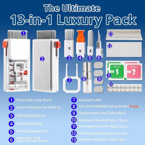 Upgraded Keyboard Cleaning Kit, 13-in-1 Electronics Cleaner Tool with Dust Cleaning Putty, Microfiber Cloth, Wipes - Cleaning Set for iPhone, AirPods, iPad, Laptop, PC Screen, Monitor, Camera, Earbuds in Kuwait