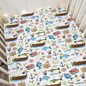 Retro Gone Fishing Baby Crib Sheets for Boy Girl 52"x28" Vintage Bass Fishes Net Lake Soft Snug Fitted Crib Mattress Cover Fishing Lovers Gift Nursery Baby Sheet for Crib & Toddler Bed Mattresses in Kuwait
