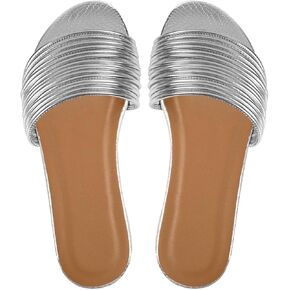 Sksshion Women's Strappy Single Bands Metallic Sandals Slip On Flat | Open Toe Summer Beach Slides,TPR Anti-Slip Sole, Great Choice for Party, Date, or Wedding, Leather Material in Saudi Arabia