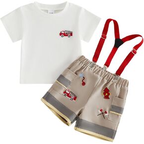 Toddler Baby Boy Summer Clothes Firefighting T Shirt Suspender Shorts Set | Cotton Blend, Short Sleeve, Crewneck, Suitable for Outdoor Activities and Summer, Skin Friendly, 3 6 12 18 24 Months 2T 3T in Saudi Arabia