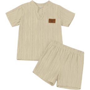 طقم ملابس صيفية لطيفة للأطفال الصغار من Mamas Boys Henley تي شيرت وسروال قصير بلون سادة in Kuwait