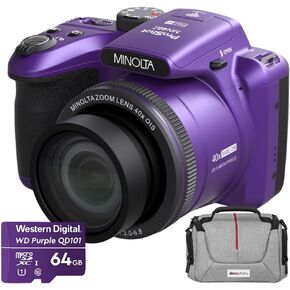 كاميرا جسر Minolta MN40Z-P بدقة 20 ميجابكسل / 1080 بيكسل FHD مع تكبير بصري 40x (أرجواني) مع حقيبة كاميرا صور ديكو لكاميرات DSLR والكاميرات غير المرآة وبطاقة microSD سعة 64 جيجابايت باللون الأرجواني الغربي in Kuwait