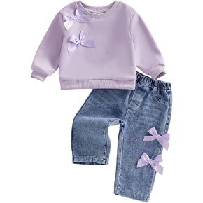 Afunbaby Toddler Girl Outfits Baby Sweatshirt 3T 4T Girls Jeans Bow Decorated Shirt Denim Pants Valentines Clothing Set in Saudi Arabia