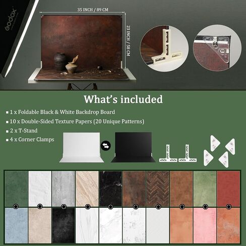 خلفيات تصوير الطعام، 10 قطع من ورق خلفية المنتج مزدوج الجوانب مقاس 23 × 35 بوصة (20 نمطًا)، لوحة خلفية للصور مع حامل على شكل حرف T ومشابك للمجوهرات ومستحضرات التجميل in Kuwait