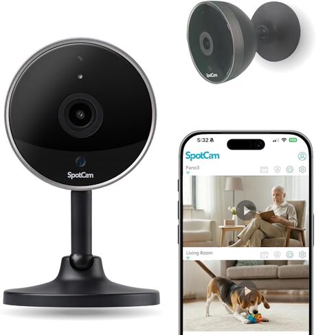 كاميرا SpotCam Pano 3 الداخلية لأمن المنزل - رؤية بانورامية بدقة 1080 بكسل FHD 180 درجة، رؤية ليلية، اكتشاف السقوط، مستشعر الصوت والحركة، صوت ثنائي الاتجاه، كاميرا WiFi مع تطبيق الهاتف، تسجيل سحابي مجاني in Kuwait