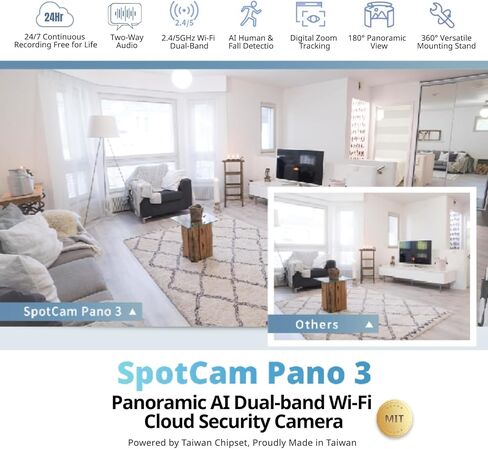 كاميرا SpotCam Pano 3 الداخلية لأمن المنزل - رؤية بانورامية بدقة 1080 بكسل FHD 180 درجة، رؤية ليلية، اكتشاف السقوط، مستشعر الصوت والحركة، صوت ثنائي الاتجاه، كاميرا WiFi مع تطبيق الهاتف، تسجيل سحابي مجاني in Kuwait