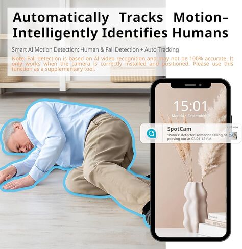 كاميرا SpotCam Pano 3 الداخلية لأمن المنزل - رؤية بانورامية بدقة 1080 بكسل FHD 180 درجة، رؤية ليلية، اكتشاف السقوط، مستشعر الصوت والحركة، صوت ثنائي الاتجاه، كاميرا WiFi مع تطبيق الهاتف، تسجيل سحابي مجاني in Kuwait