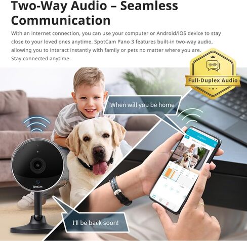 كاميرا SpotCam Pano 3 الداخلية لأمن المنزل - رؤية بانورامية بدقة 1080 بكسل FHD 180 درجة، رؤية ليلية، اكتشاف السقوط، مستشعر الصوت والحركة، صوت ثنائي الاتجاه، كاميرا WiFi مع تطبيق الهاتف، تسجيل سحابي مجاني in Kuwait