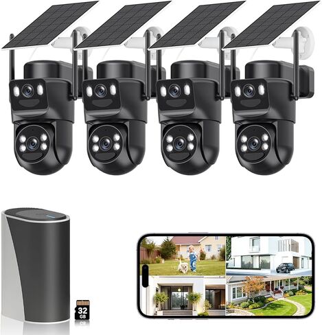 4K Solar Security Cameras Wireless Outdoor with Dual Lens, 4 Cam Kit, No Subscription Fee, Home Security System with Color Night Vision, 2.4/5GHz WiFi, Auto Tracking, Motion Detection,32GB Memory Card in Saudi Arabia