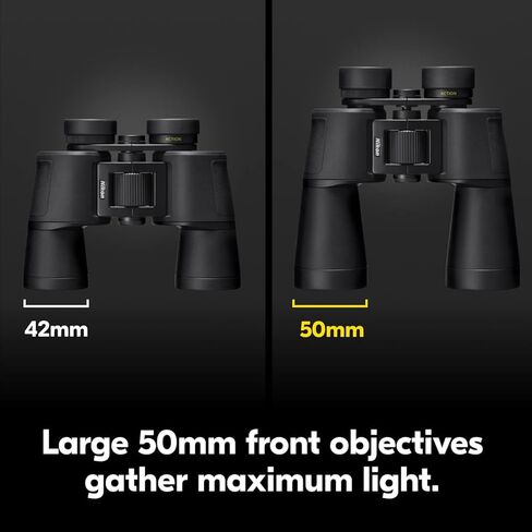 نيكون اكشن 7x50 مجهر | بصريات نيكون مطلية بطبقات متعددة، وعدسات شيئية ساطعة مقاس 50 مم، وقوة 7X، وأكواب عين قابلة للدوران والانزلاق، وتصميم بورو بريزم جاهز للتركيب على حامل ثلاثي القوائم in Kuwait