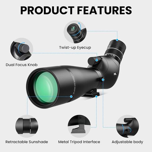 Dual Focusing ED Spotting Scope, 20-60x80 Spotting Scopes with Phone Adapter, Tripod & Carrying Case, BAK4 Ultra High Definition, IPX7 Waterproof Fogproof for Bird Watching in Kuwait