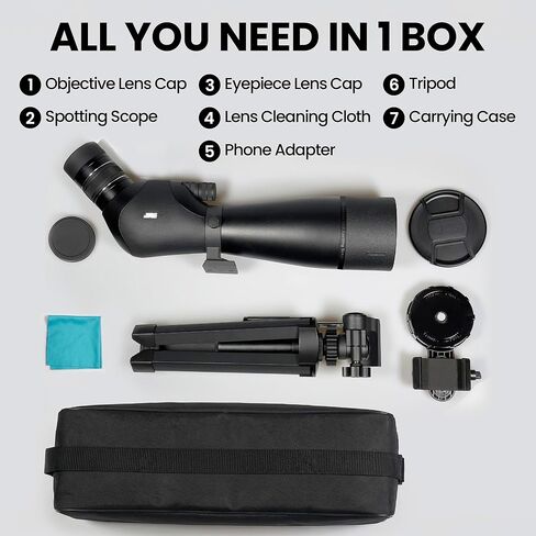 Dual Focusing ED Spotting Scope, 20-60x80 Spotting Scopes with Phone Adapter, Tripod & Carrying Case, BAK4 Ultra High Definition, IPX7 Waterproof Fogproof for Bird Watching in Kuwait