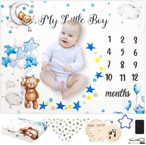 Baby Milestone Blanket for Boy Girl, Baby Monthly Milestone Growth Blanket Newborn Photography Background with Wooden Signs, Frames, Bandana in Kuwait