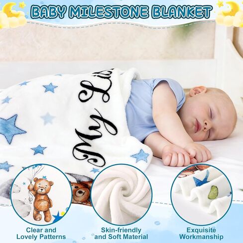 Baby Milestone Blanket for Boy Girl, Baby Monthly Milestone Growth Blanket Newborn Photography Background with Wooden Signs, Frames, Bandana in Kuwait