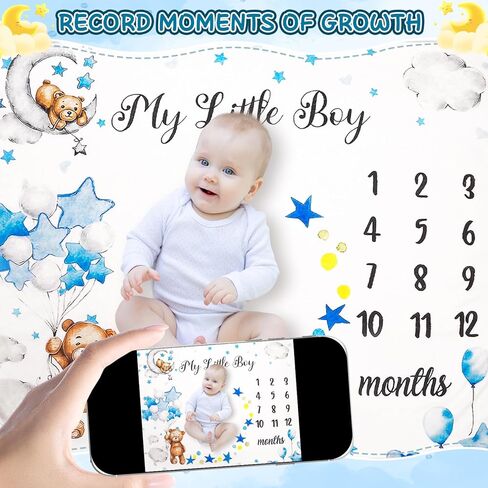 Baby Milestone Blanket for Boy Girl, Baby Monthly Milestone Growth Blanket Newborn Photography Background with Wooden Signs, Frames, Bandana in Kuwait
