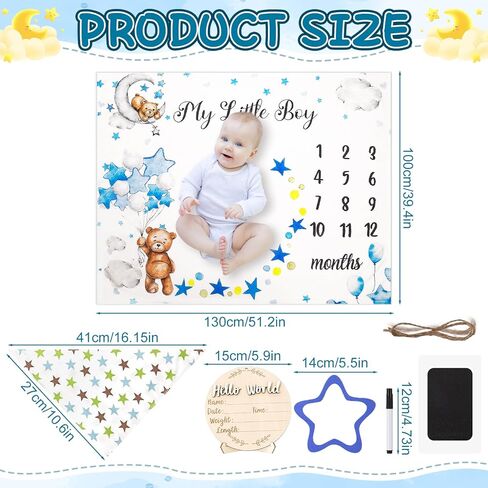 Baby Milestone Blanket for Boy Girl, Baby Monthly Milestone Growth Blanket Newborn Photography Background with Wooden Signs, Frames, Bandana in Kuwait