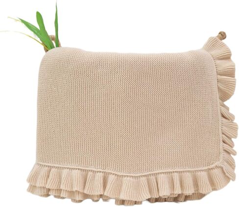 Cotton Baby Blanket with Ruffle Edge Soft Breathable Newborn Blanket for Boys & Girls, Lightweight Knit Throw for Crib, Stroller & Nursery Multiple Colors Available Blue 28x36 in Kuwait