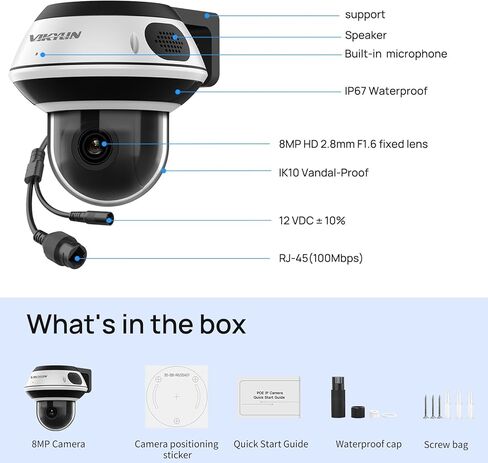 كاميرا VIKYLIN UltraHD 4K 8MP PoE IP PTZ في الهواء الطلق، كاميرا أمان 4K PTZ IP Dome مع تكبير بصري 5X 2.7-13.5 مم، اكتشاف المركبات البشرية، صوت ثنائي الاتجاه، رؤية ليلية بالأشعة تحت الحمراء بطول 131 قدمًا، IK10/IP67، قزحية زرقاء، NDAA in Kuwait
