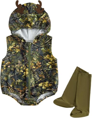 Newborn Baby Boy Summer Clothes Leaves Hunting Sleeveless Romper Jumpsuit Deer Hooded Bodysuit+Hat in Kuwait