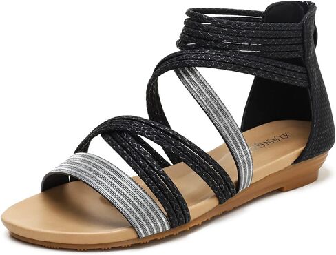 Women's Summer Casual Open Toe Shoes Braided Crisscross Ankle Straps Flat Sandals with Zipper Back in Kuwait