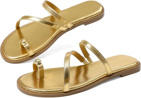 Kalstage Women's Strappy Flat Sandals Round Open Toe Ring Flat Sandals Slip On Beach Sandals Shoes Casual Dressy Summer Flip Flop Thong Sandals in Kuwait