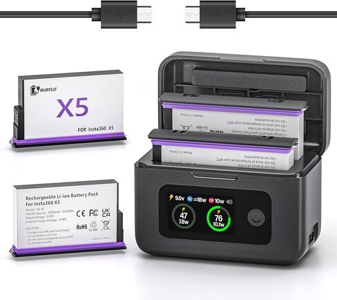 Burflo 2-Pack 2800mAh بطاريات بديلة لـ Insta360 X5 مع حقيبة شحن سريعة مزدوجة 20 وات، شاشة LCD تعرض البطارية SOC in Kuwait