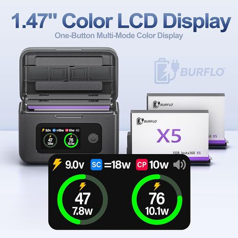 Burflo 2-Pack 2800mAh بطاريات بديلة لـ Insta360 X5 مع حقيبة شحن سريعة مزدوجة 20 وات، شاشة LCD تعرض البطارية SOC in Kuwait