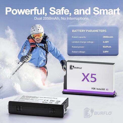 Burflo 2-Pack 2800mAh بطاريات بديلة لـ Insta360 X5 مع حقيبة شحن سريعة مزدوجة 20 وات، شاشة LCD تعرض البطارية SOC in Kuwait