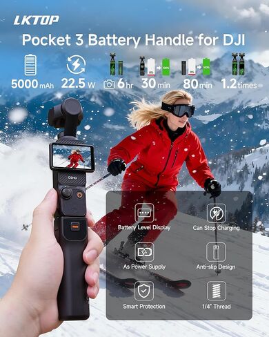 مقبض بطارية LKTOP Pocket 3 + حامل ثلاثي لـ DJI Osmo Pocket 3، ملحقات Xtra Muse، شاحن سريع بعمر بطارية 6 ساعات، مقابض عصا طاقة محمولة بقدرة 5000 مللي أمبير في الساعة 22.5 وات (وقت الشحن: كاميرا 35 دقيقة، 80 دقيقة ذاتية) in Kuwait
