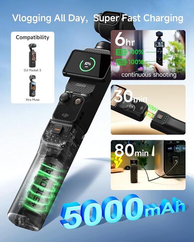 LKTOP Pocket 3 مقبض بطارية + مصباح LED ملء لـ DJI Osmo Pocket 3، ملحقات Xtra Muse، شاحن سريع بعمر بطارية 6 ساعات، مقابض عصا طاقة 5000 مللي أمبير 22.5 وات (وقت الشحن: كاميرا 30 دقيقة، 80 دقيقة ذاتية) in Kuwait