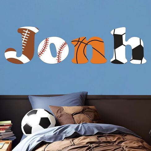 EGD Custom Name with Initial and Sports Balls Design Wall Decal I Soccer Baseball Basketball Football Wall Art Decor I Nursery Wall Stickers I Home Nursery Decoration (Wide 30" (Large)) in Kuwait