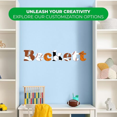 EGD Custom Name with Initial and Sports Balls Design Wall Decal I Soccer Baseball Basketball Football Wall Art Decor I Nursery Wall Stickers I Home Nursery Decoration (Wide 30" (Large)) in Kuwait