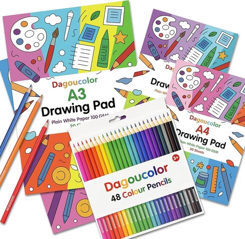 مجموعة رسم DagouColor، 48 حزمة (24 لونًا) قلم رصاص ملون، 2 * A4 و2 * A3 لوحة أوراق ناعمة بيضاء سادة مزدوجة الجوانب، 100 جرام في المتر المربع، كتب رسم للفنانين المبتدئين البالغين والأولاد والبنات والأطفال الصغار in Kuwait