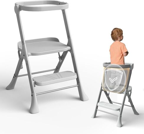 Toddler Tower, Non Collapsible for Maximum Stability, Kitchen Stool Helper with Anti-Tipping Structure and Safety Net, Ultra-Secure, Ideal for Toddlers 18 Months to 4 Years, Gray in Kuwait
