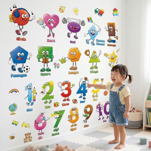 DECOWALL DS9-8095 Shape and Number Wall Decals Educational Colorful Peel and Stick Removable Stickers for Kids Nursery Preschool Playroom Classroom Decor in Kuwait