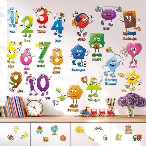 DECOWALL DS9-8095 Shape and Number Wall Decals Educational Colorful Peel and Stick Removable Stickers for Kids Nursery Preschool Playroom Classroom Decor in Kuwait