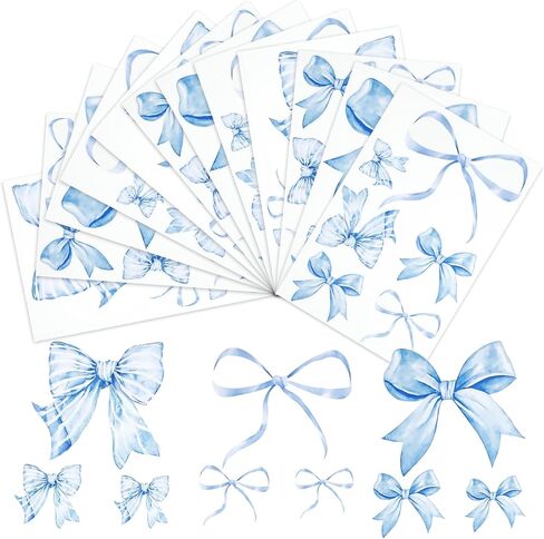 12Sheets 69Pcs Blue Bow Wall Stickers,Watercolor Coquette Aesthetic Peel and Stick Vinyl Decals for Bedroom,Party Decor,Wall Art,TV Background Decor in Kuwait