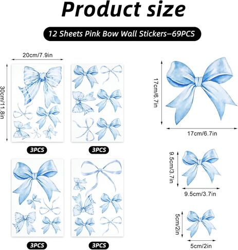 12Sheets 69Pcs Blue Bow Wall Stickers,Watercolor Coquette Aesthetic Peel and Stick Vinyl Decals for Bedroom,Party Decor,Wall Art,TV Background Decor in Kuwait