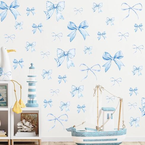 12Sheets 69Pcs Blue Bow Wall Stickers,Watercolor Coquette Aesthetic Peel and Stick Vinyl Decals for Bedroom,Party Decor,Wall Art,TV Background Decor in Kuwait