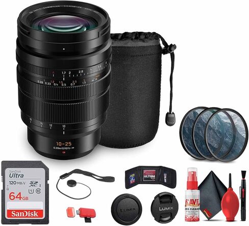 Panasonic Leica DG Vario-Summilux 10-25mm Lens (H-X1025) Bundle Including: 64 GB Memory Card, Lens Pouch, 3-Piece Filter Kit, Lens Caps, Cap Keeper, Full Cleaning Kit, Card Reader, Card Wallet in Kuwait