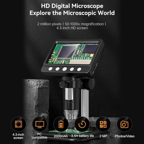 4.3 Inch IPS Digital Microscope 1000x 2MP 1080P with 8 LED Light 32M Storage for Electronics Inspection in Kuwait