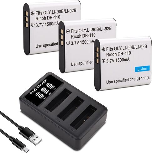 3-حزمة بطارية DB-110 Li-90B Li-92B، شاحن لأوليمبوس تاف TG-7، TG-6، TG-5، TG-Tracker، SH-1، SH-2، SP-100 IHS، تاف TG-1 iHS، TG-2 iHS، TG-3، TG-4، SH50 iHS، XZ-2 iHS، لريكو GR III، جي آر الثالثx in Kuwait