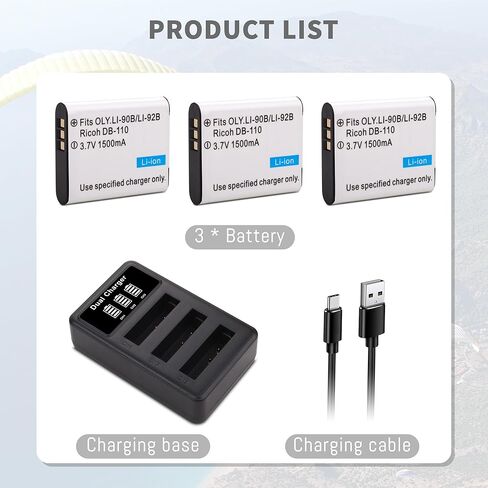 3-حزمة بطارية DB-110 Li-90B Li-92B، شاحن لأوليمبوس تاف TG-7، TG-6، TG-5، TG-Tracker، SH-1، SH-2، SP-100 IHS، تاف TG-1 iHS، TG-2 iHS، TG-3، TG-4، SH50 iHS، XZ-2 iHS، لريكو GR III، جي آر الثالثx in Kuwait