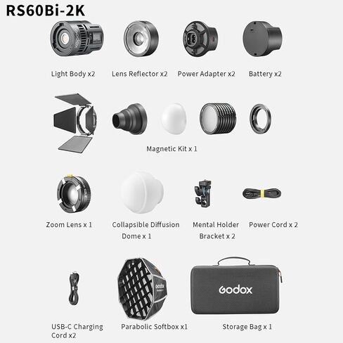 طقم إضاءة فيديو LED Godox RS60Bi، قطعتان من مصابيح الاستوديو 60 وات للتصوير الفوتوغرافي وتسجيل الفيديو والبث المباشر، إضاءة LED مستمرة ثنائية اللون محمولة مع صندوق ناعم، بطارية قابلة للفصل، تحكم DMX/APP in Kuwait