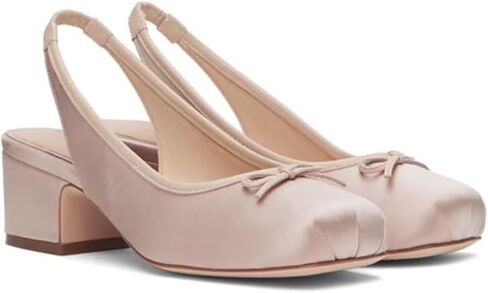 حذاء Agodor Slingback للنساء مكشكش من الساتان الوردي حذاء الباليه Mary Jane مع قوس عند الأصابع مربعة حذاء راقصة الباليه بكعب منخفض مكتنز وحزام خلفي مرن مريح فستان باليه US5.5 in Kuwait
